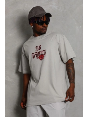 Oversize Baskılı Bisiklet Yaka T-Shirt - Gri -