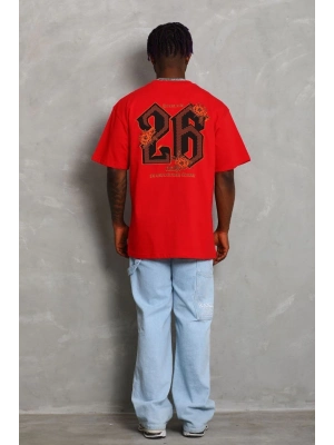 Oversize Baskılı Bisiklet Yaka T-Shirt - Kırmızı -