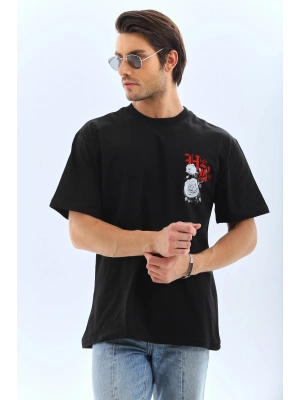 Oversize Baskılı Bisiklet Yaka T-Shirt - Siyah -