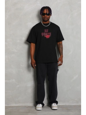 Oversize Baskılı Bisiklet Yaka T-Shirt - Siyah -