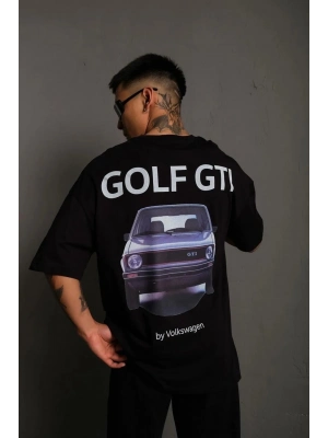 Oversize Baskılı Tişört – Golf GTI Retro Araba Desenli,- Siyah -