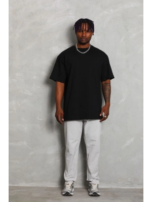 Oversize Düz Bisiklet Yaka T-Shirt - Siyah -