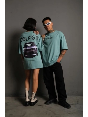 Oversize Golf GTI Retro Araba Desenli, Ön  ArkaBaskı, Mint Yeşili -