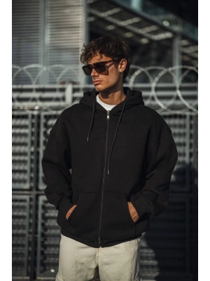 Oversize Tam Fermuarlı Uzun Kol Hırka - Siyah -