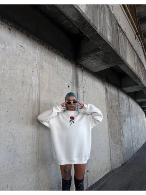 Oversize Üç İplik Bisiklet Yaka Baskılı SweatShirt - Beyaz -