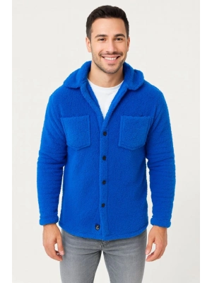 Pelüş Polar Hırka Gömlek - Saks Mavisi -