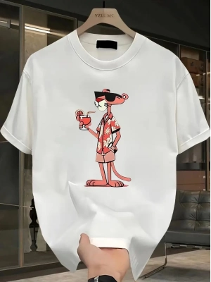 Pembe Panter Baskılı   Oversize Günlük Kısa Kollu Tişört- Beyaz -