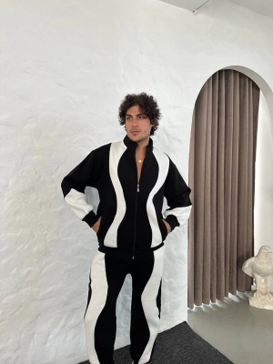 Premium Parçalı Eşofman Takım - Dik Yaka Fermuarlı Sweatshirt, - Siyah -