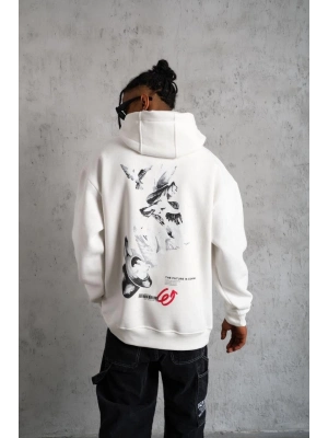 Şapkalı Güvercin Baskılı Kapşonlu Sweat - Beyaz -