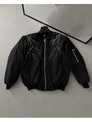 Siyah Bomber Mont – Beyaz Şimşek Desenli -