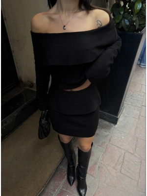 Straplez , Madonna , Carmen Yaka Croplu Mini Etekli ikili Takım Triko - Siyah -