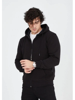 Tam Fermuarlı Kapşonlu  SweatShirt - Siyah -