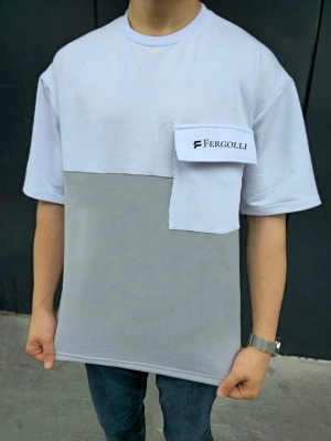 Torba Cep Detaylı  Parçalı T-Shirt - Gri -