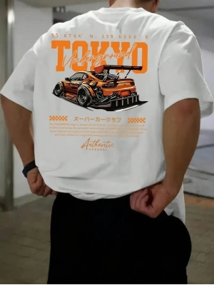 Turuncu Spor Araba Grafik Tişört - TOKYO Baskılı - Beyaz -