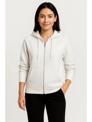 Üç İplik Kapüşonlu Tam Fermuarlı Kanguru Çepli SweatShirt Hoodie - Beyaz -