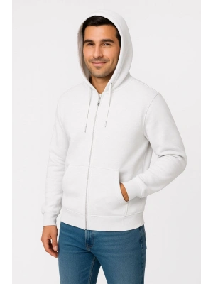 Üç İplik Kapüşonlu Tam Fermuarlı Kanguru Cepli SweatShirt Hoodie - Beyaz -
