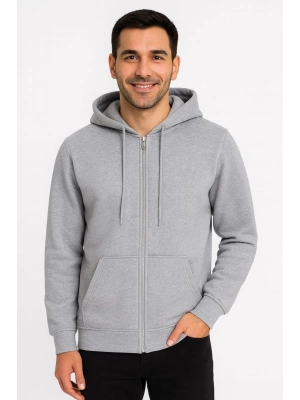 Üç İplik Kapüşonlu Tam Fermuarlı Kanguru Çepli SweatShirt Hoodie - Gri -