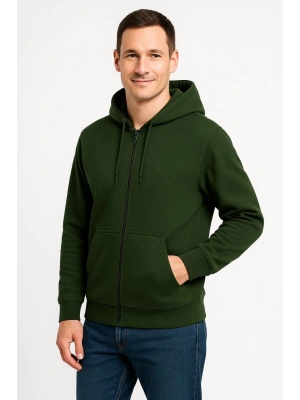 Üç İplik Kapüşonlu Tam Fermuarlı Kanguru Cepli Sweatshirt Hoodie - Haki -