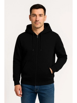 Üç İplik Kapüşonlu Tam Fermuarlı Kanguru Çepli SweatShirt Hoodie - Siyah -
