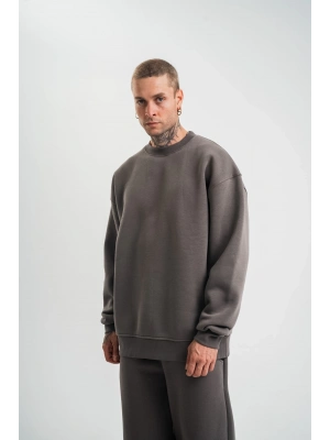 Uzun Kol Bisiklet Yaka Basic SweatShirt - Füme -