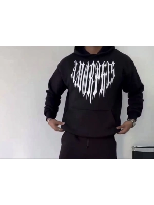 Uzun Kol Kapüşonlu Baskılı SweatShirt - Siyah -
