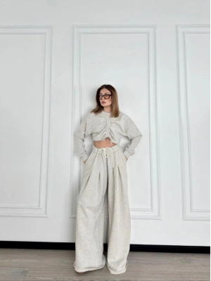 Uzun Kollu Önü İp Büzgülü Crop ve Pantolon İkili Takım - Gri -