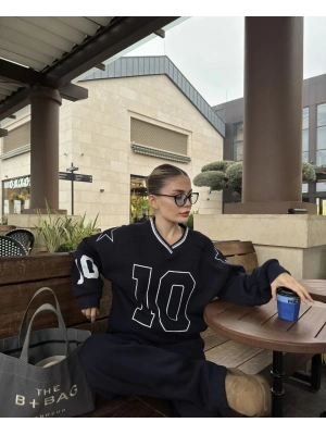 V Yaka Üç İplik Sweat Takım - Siyah -