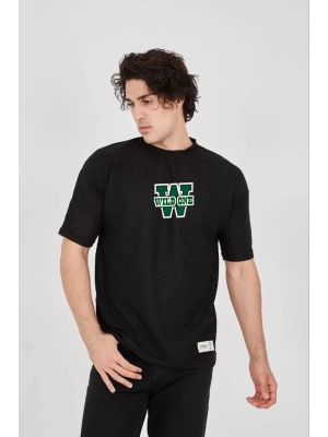 Waffle Kumaş Çift Katlamalı Kol Baskılı T-Shirt - Siyah -