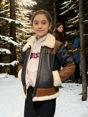 Yakalı Parçalı Kürk - Kahve -