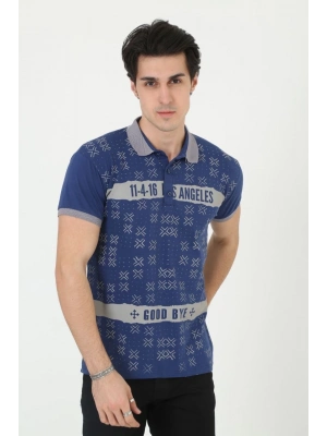 Yakalı Slim Fit Baskılı T-Shirt - Mavi -