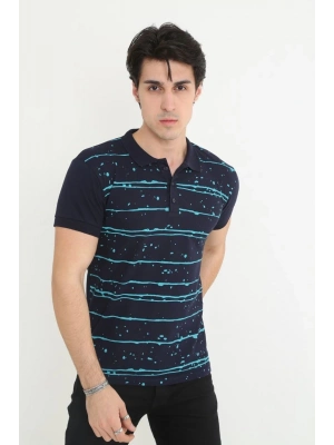Yakalı Slim Fit Pike Çizgili T-Shirt - Lacivert -