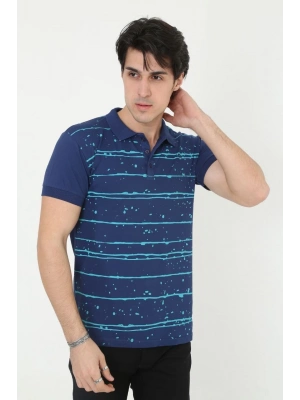 Yakalı Slim Fit Pike Çizgili T-Shirt - Mavi -