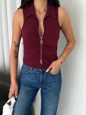 Yakalı Tam Fermuarlı Kolsuz Bluz - Bordo -