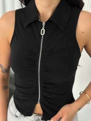 Yakalı Tam Fermuarlı Kolsuz Bluz - Siyah -