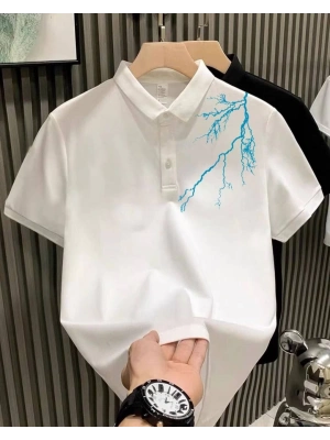 Yakası Düğmeli Oversize Baskılı T-Shirt - Beyaz -