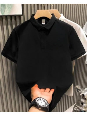 Yakası Düğmeli Yakalı Pike Düz T-Shirt - Siyah -