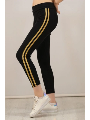 Yanı Sarı Şeritli Tayt - Siyah -