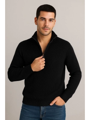 Yarım Fermuarlı Triko Kazak Siyah -