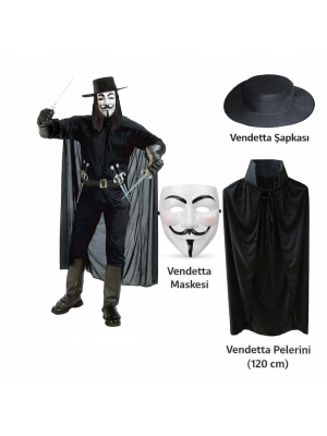 Vendetta Kostüm Seti – Şapka Maske Pelerin (120 cm)