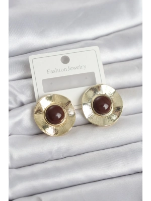 ® Vintage Model Kahverengi Gold Renk Pirinç Kadın Küpe