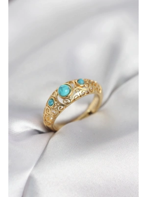 ® Vintage Model Mavi Taşlı Gold Renk Kadın Yüzük