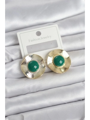 ® Vintage Model Yeşil Gold Renk Pirinç Kadın Küpe