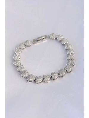 ® Vip Seri Pirinç Zirkon Taşlı Gümüş Renk Kalp Model Bileklik