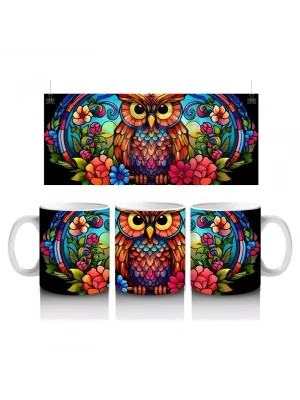 Vitray Baykuş Deseni – Renkli Sanat – Baskılı Kupa