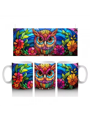 Vitray Baykuş Desenli – Renkli Sanat – Baskılı Kupa