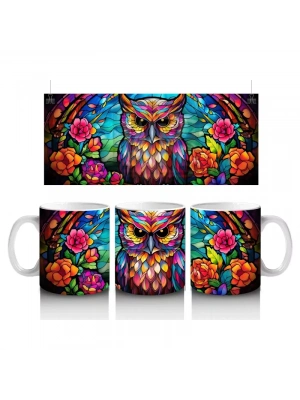 Vitray Tarzı Renkli Baykuş İllüstrasyonu – Baskılı Kupa