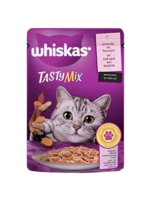 Whiskas Pouch Tasty Mix Sos İçerisinde Somonlu ve Havuçlu Yetişkin Konserve Kedi Maması 1 Adet 85 Gr