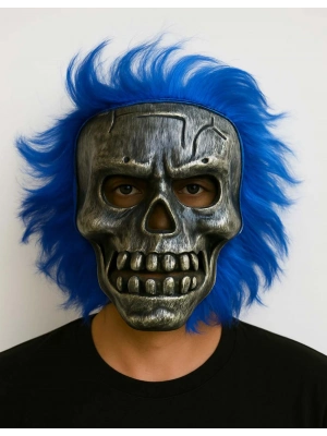 Wild Skull - Gümüş Kafatası Mavi Saçlı İskelet Maske