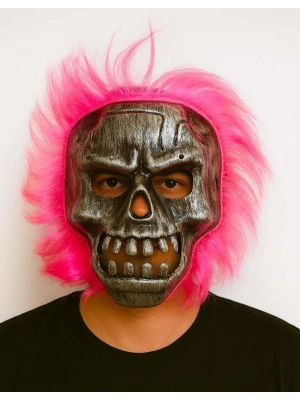 Wild Skull - Gümüş Kafatası Pembe Saçlı İskelet Maske