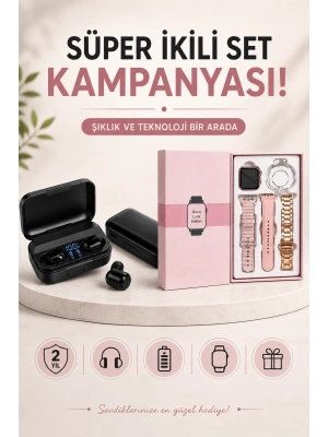 Wireless Şarjlı Pembe Akıllı Saat ve Kablosuz Bluetooth Kulaklık Dokunmatik Kontrol